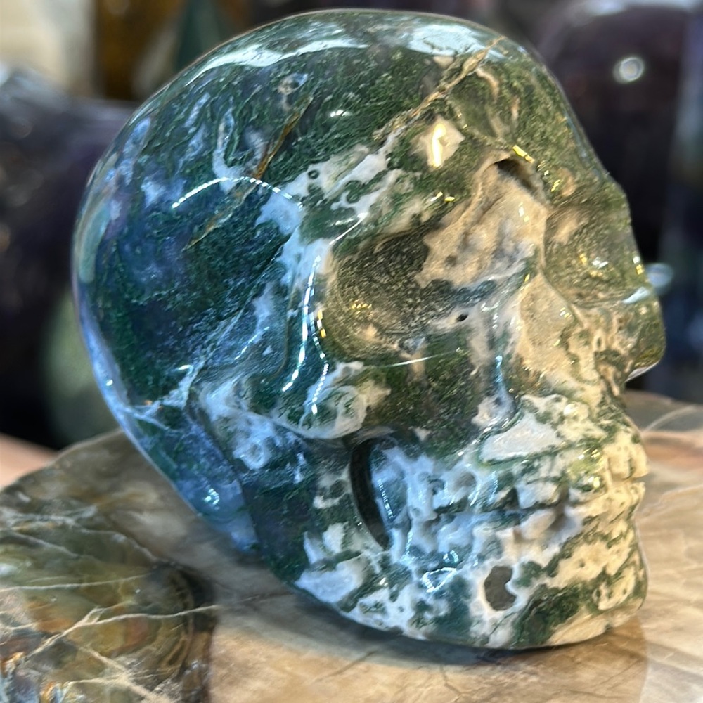 Moss Agate Crystal Skull Carving With Druzy!